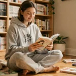 Jeune femme lisant un manga en version française dans sa chambre entourée de volumes de manga sur des étagères