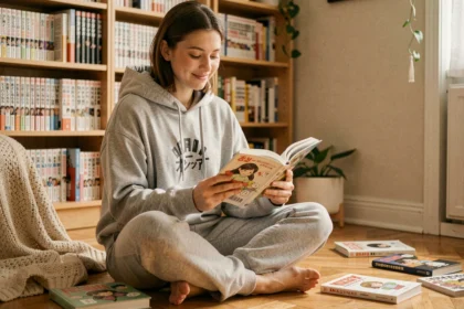 Jeune femme lisant un manga en version française dans sa chambre entourée de volumes de manga sur des étagères
