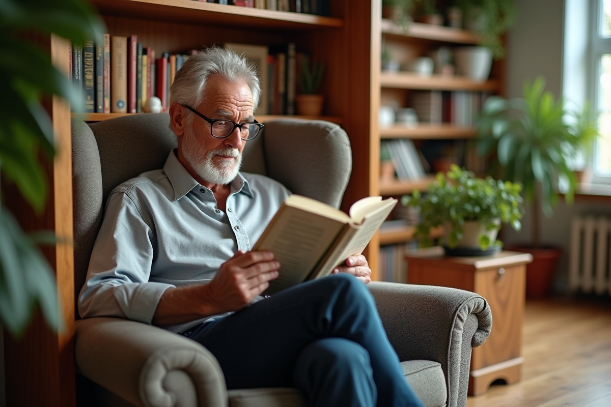 Homme âgé lisant dans un coin lecture avec un insert DIY
