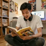 Jeune homme lisant un scan de manga One Piece dans sa chambre entourée de volumes manga