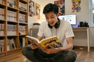 Jeune homme lisant un scan de manga One Piece dans sa chambre entourée de volumes manga