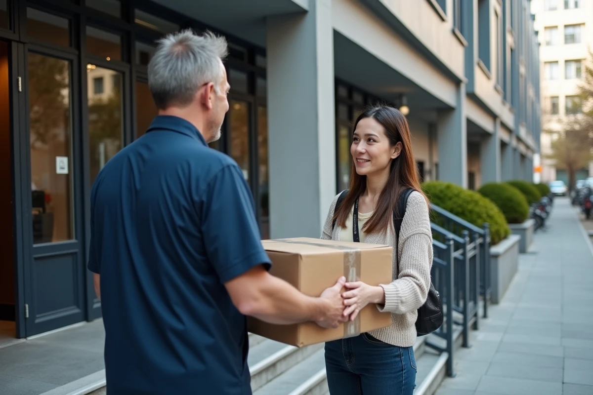 Livreur remet un colis à une femme devant un immeuble