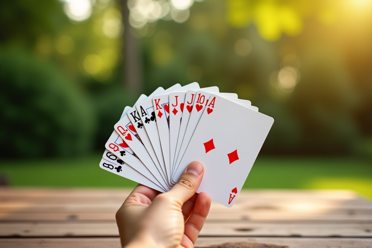 Main tenant un éventail de cartes en plein air avec jardin en arrière-plan