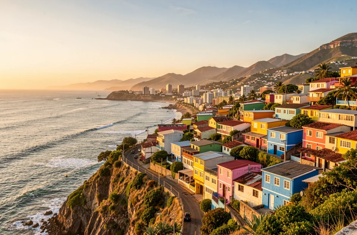 Maisons colorées sur une colline d'une ville côtière sud-américaine