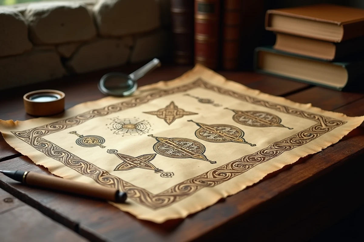 Manuscrit ancien illustré de symboles celtiques triquetra et triskel sur table en chêne