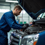 Mécanicien en bleu effectuant maintenance sous le capot d'un camion de 15 tonnes dans un garage moderne