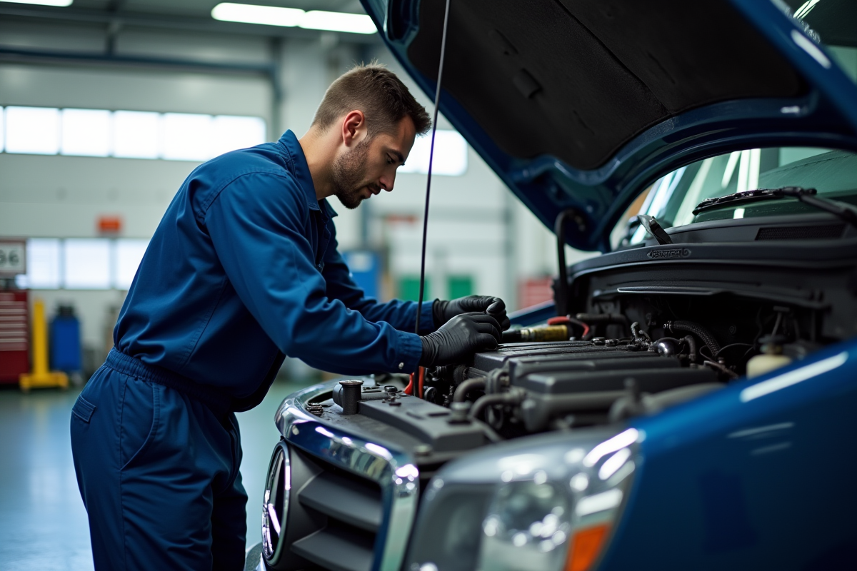 Mécanicien en bleu effectuant maintenance sous le capot d'un camion de 15 tonnes dans un garage moderne