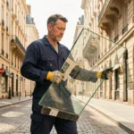 Vitrier professionnel transportant une vitre dans une rue de Lyon, illustration du classement des meilleurs vitriers du Rhône