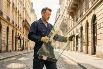 Vitrier professionnel transportant une vitre dans une rue de Lyon, illustration du classement des meilleurs vitriers du Rhône