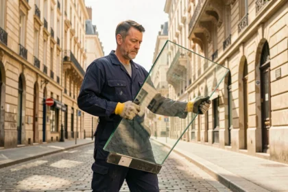 Vitrier professionnel transportant une vitre dans une rue de Lyon, illustration du classement des meilleurs vitriers du Rhône