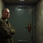Officier en uniforme militaire dans un bunker ancien