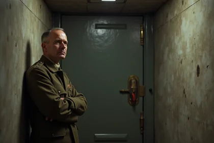 Officier en uniforme militaire dans un bunker ancien