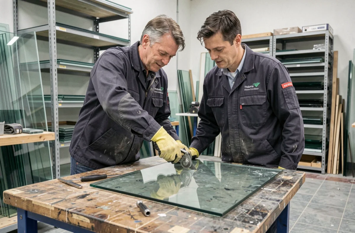 Artisan vitrier de la Miroiterie du Rhône découpant une vitre sur mesure dans un atelier professionnel