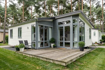 Mobil-home moderne avec terrasse en bois installé sur un emplacement de camping entouré de pins