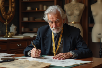 Designer mode senior en atelier avec tissus et mannequins