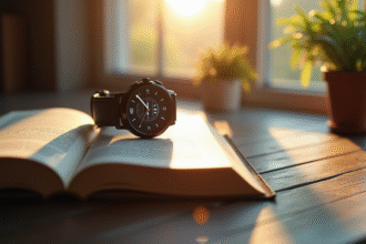 Montre digitale sur un livre illustrant le temps dans la journée