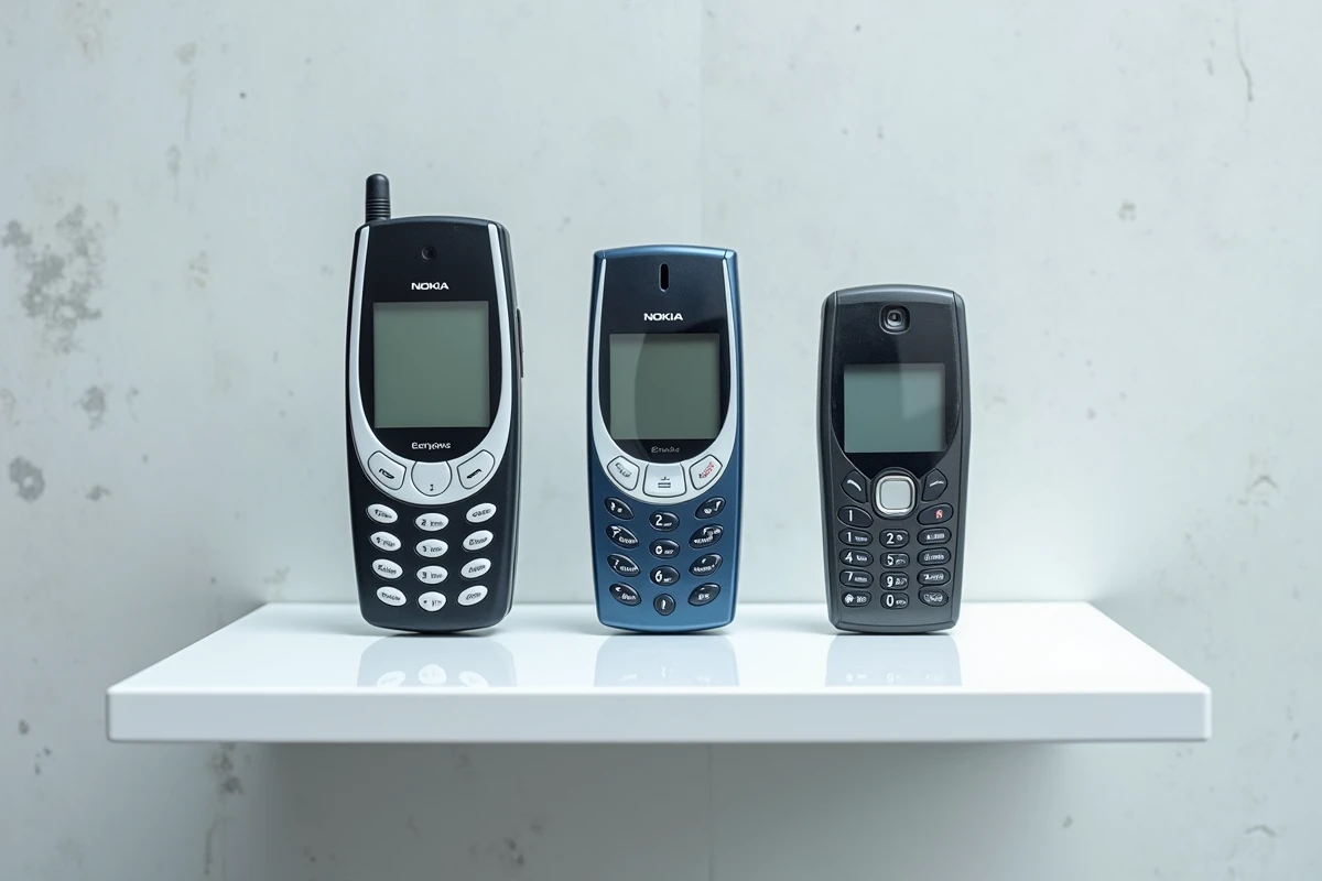 Trois modèles rares de Nokia exposés sur une étagère en acrylique blanc, dont le Nokia 7280 et le N-Gage, dans un style muséal