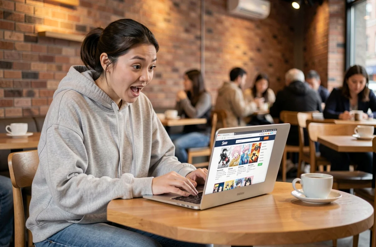 Jeune femme découvrant le nouveau chapitre de One Piece sur son ordinateur portable dans un café