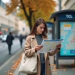 Nouvelle arrivante consultant un plan de bus TCL Lyon à un arrêt de bus en automne