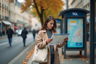 Nouvelle arrivante consultant un plan de bus TCL Lyon à un arrêt de bus en automne