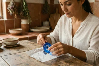 Femme enveloppant un œil protecteur grec en verre bleu dans du papier de soie, sur une table en bois rustique dans une cuisine méditerranéenne