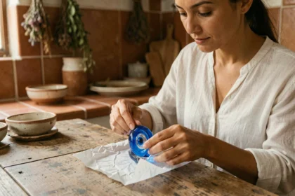 Femme enveloppant un œil protecteur grec en verre bleu dans du papier de soie, sur une table en bois rustique dans une cuisine méditerranéenne