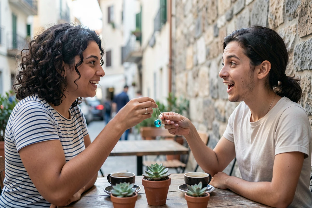 Deux amies échangeant un pendentif œil protecteur grec turquoise en cadeau sur une terrasse de café urbain ensoleillé