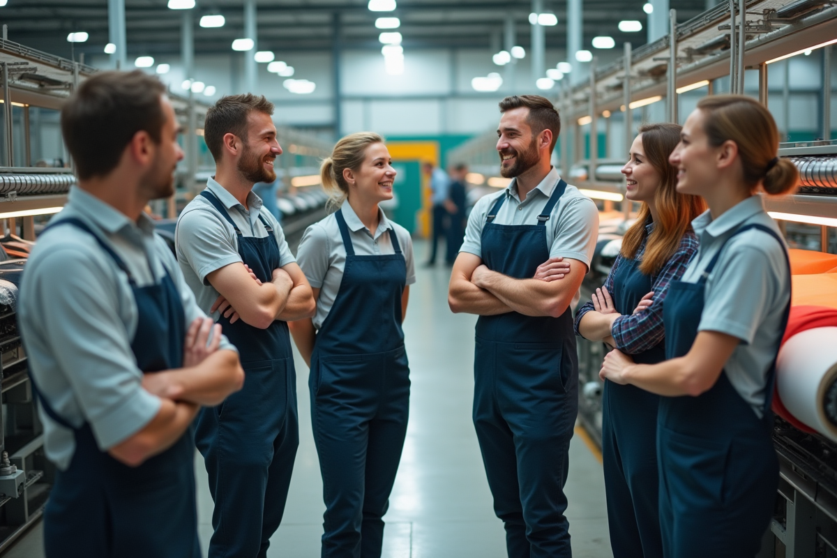 Ouvriers textiles discutent avec machines innovantes dans l