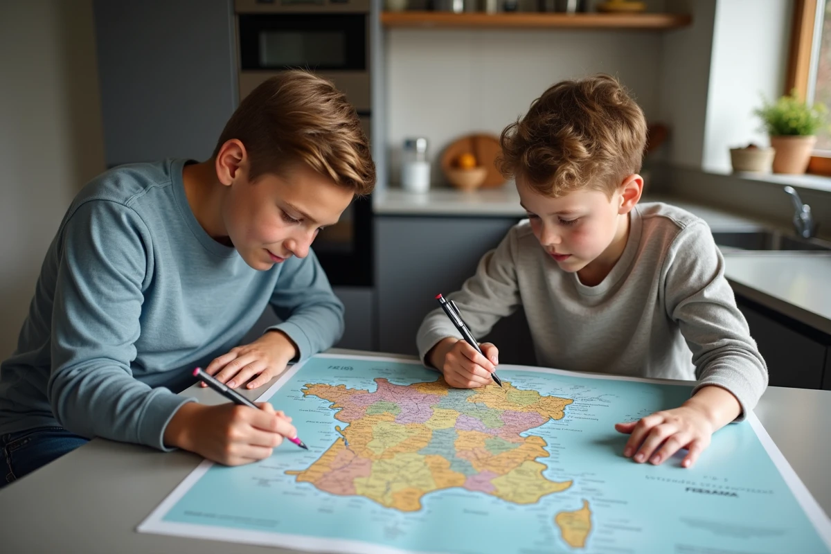 Père et fils remplissant une carte de France ensemble
