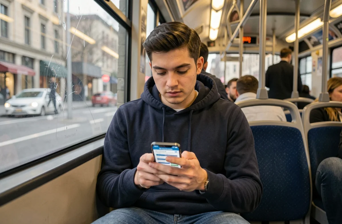Jeune homme à bord du bus 91 consultant les horaires en temps réel sur son téléphone portable
