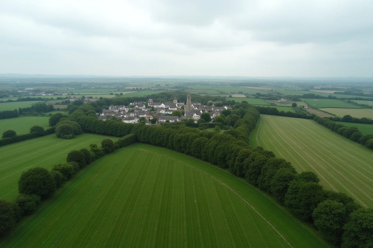 Vue aérienne du paysage bocager normand avec champs et haies révélant l'étendue géographique de la région Normandie
