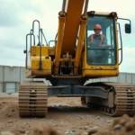 Pelle mécanique jaune sur un chantier de construction avec un opérateur en gilet haute visibilité orange