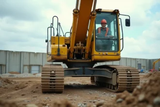Pelle mécanique jaune sur un chantier de construction avec un opérateur en gilet haute visibilité orange