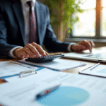 Personne utilisant calculatrice et ordinateur dans un bureau immobilier