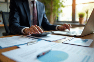 Personne utilisant calculatrice et ordinateur dans un bureau immobilier