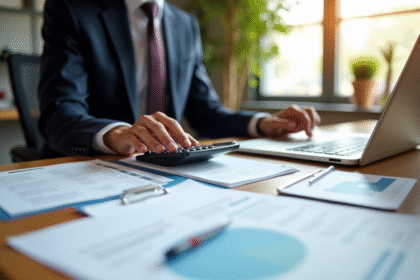 Personne utilisant calculatrice et ordinateur dans un bureau immobilier
