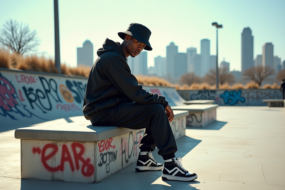 Personne en streetwear monochrome sur un banc de skatepark ensoleille
