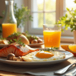 Petit déjeuner ensoleille avec saumon eggs et jus d'orange