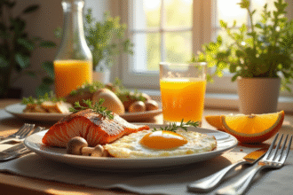 Petit déjeuner ensoleille avec saumon eggs et jus d'orange