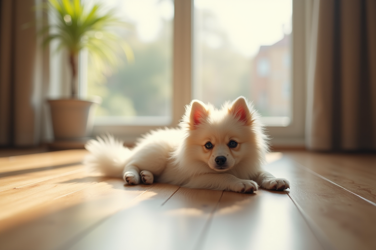 Chiot Spitz allongé près d