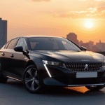 Peugeot 508 PSE sur un toit urbain au coucher du soleil