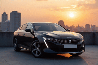 Peugeot 508 PSE sur un toit urbain au coucher du soleil