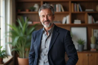 Philippe Coelho en portrait dans un appartement parisien moderne, regard confiant et tenue élégante en 2026