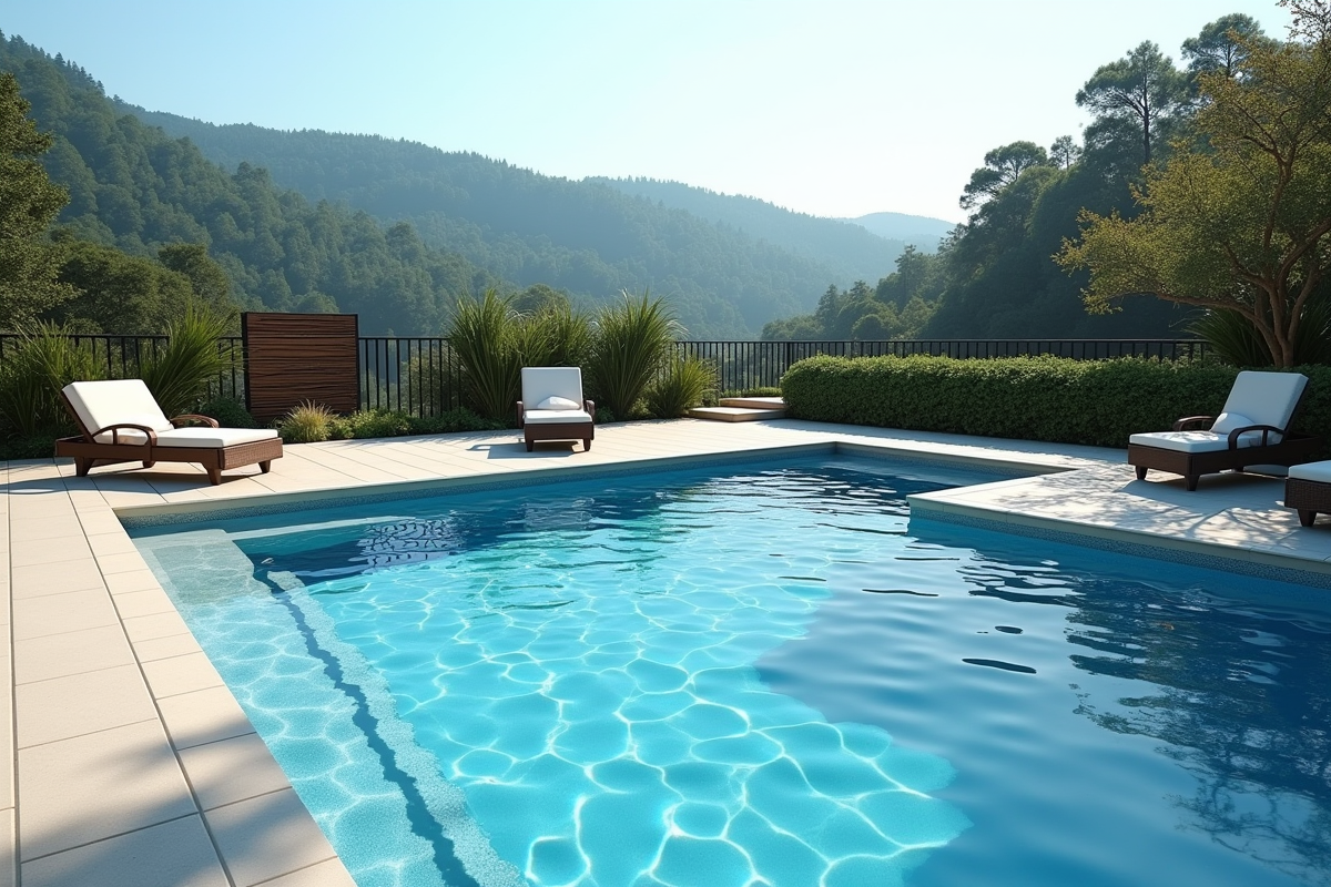 Piscine extérieure finie dans un jardin résidentiel avec mobilier et nature