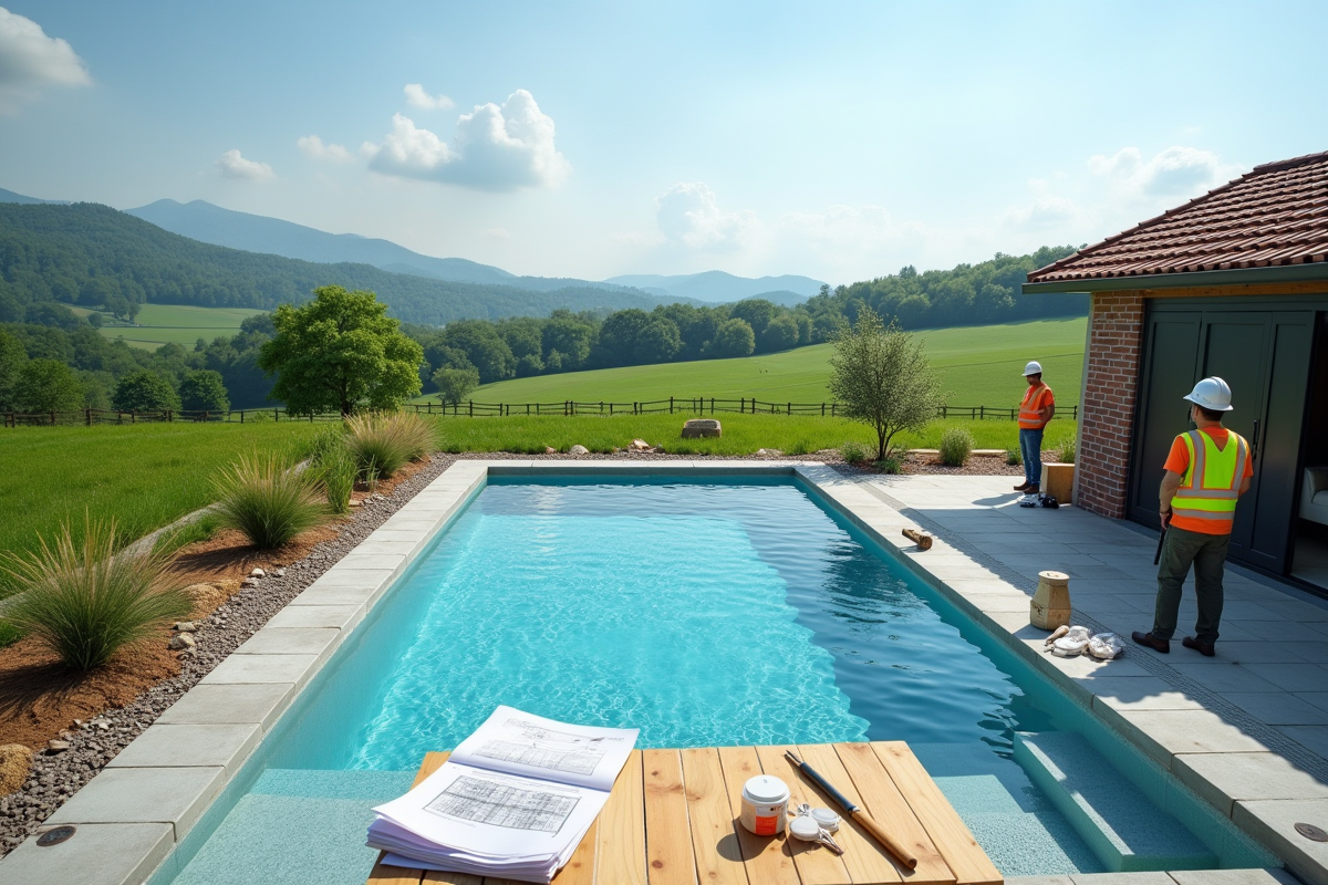 Piscine privée en construction dans un champ rural avec ouvriers et plans