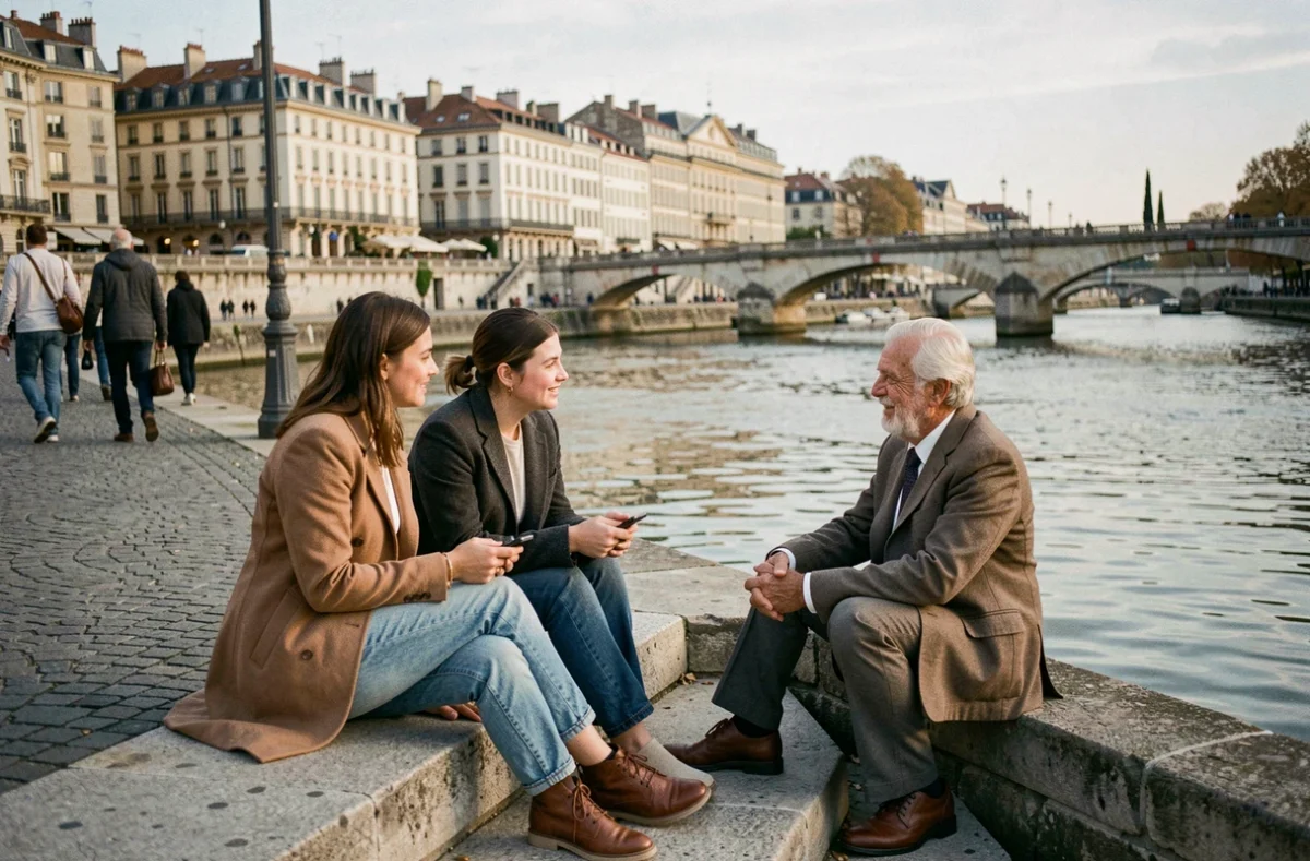 Habitants de Lyon assis au bord de la Saône représentant la vie urbaine et la population lyonnaise
