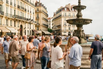 Foule diverse sur une place animée de Marseille illustrant la densité de population de la ville