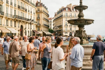 Foule diverse sur une place animée de Marseille illustrant la densité de population de la ville
