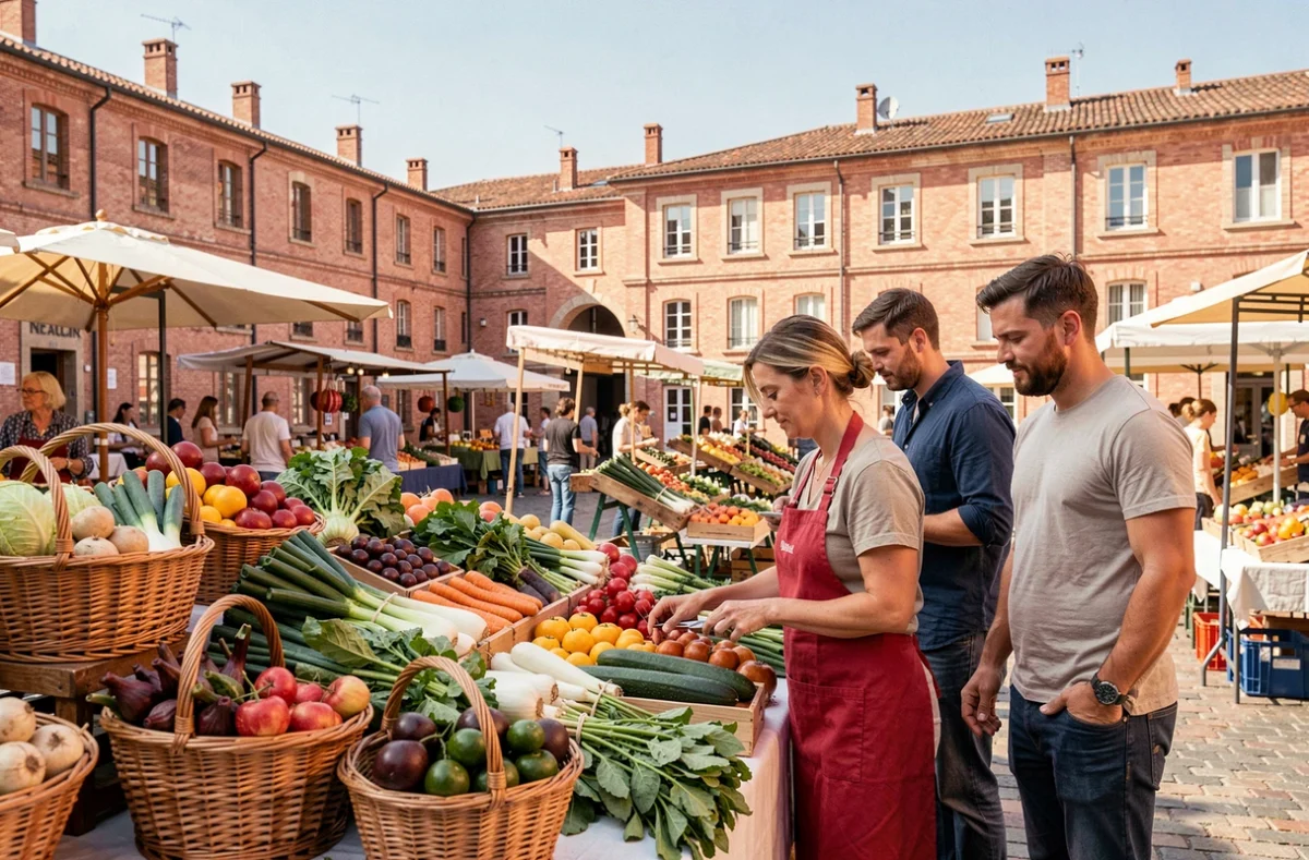 Marché en plein air à Toulouse avec des habitants locaux évoquant la vie quotidienne et la population toulousaine