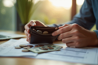 Personne tenant un porte-monnaie avec quelques pièces sur une table lumineuse